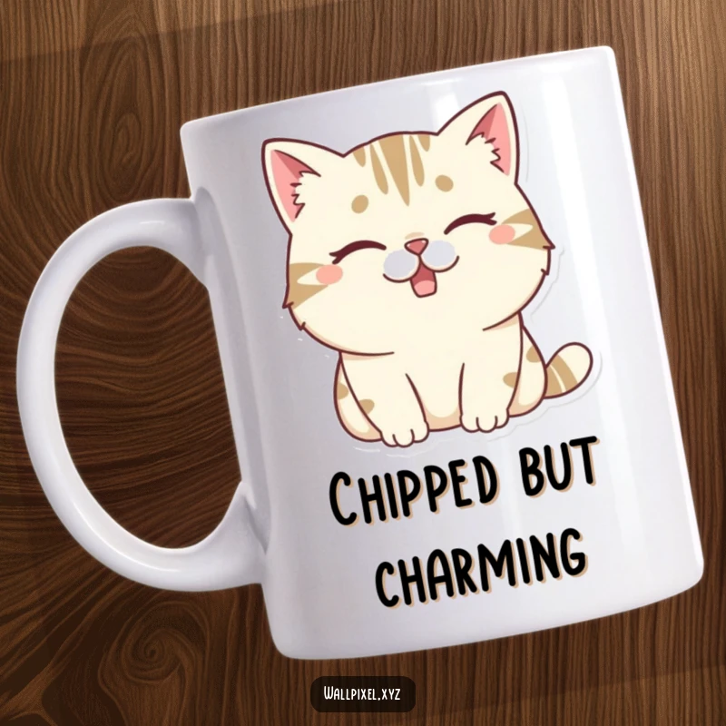 Funny mug featuring a chunky, pixelated cat winking mischievously with a noticeable missing tooth, radiating retro cool.