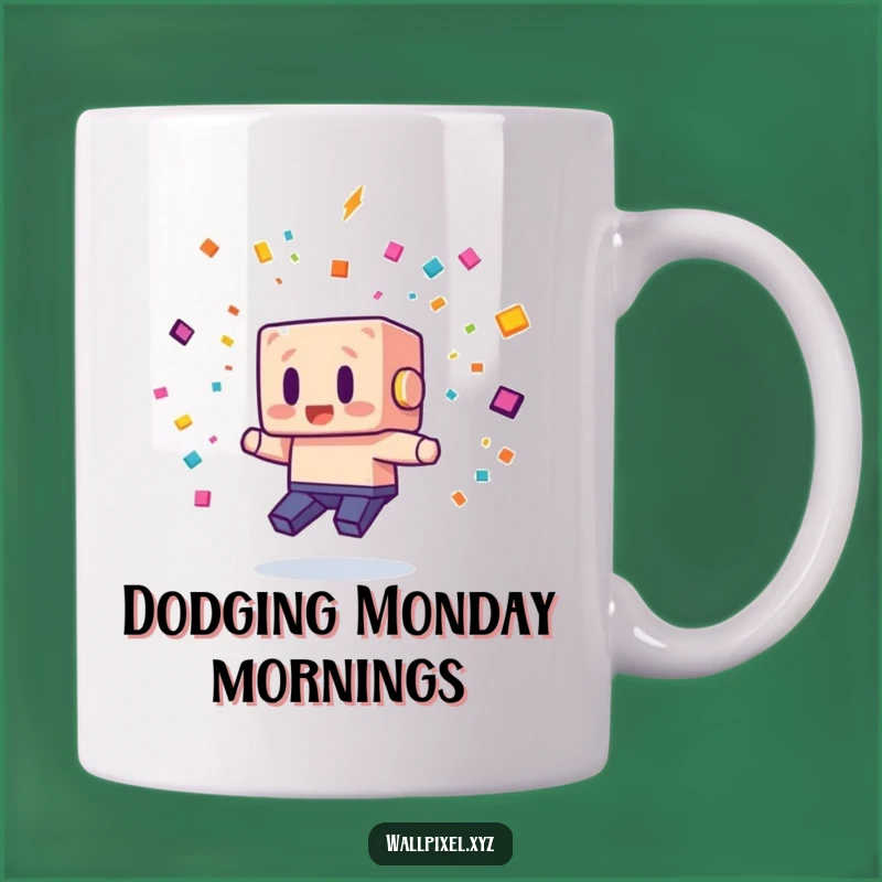 Funny Pixel Dodge Mug: Blocky Character Escaping Confetti, Perfect Funny Gift
