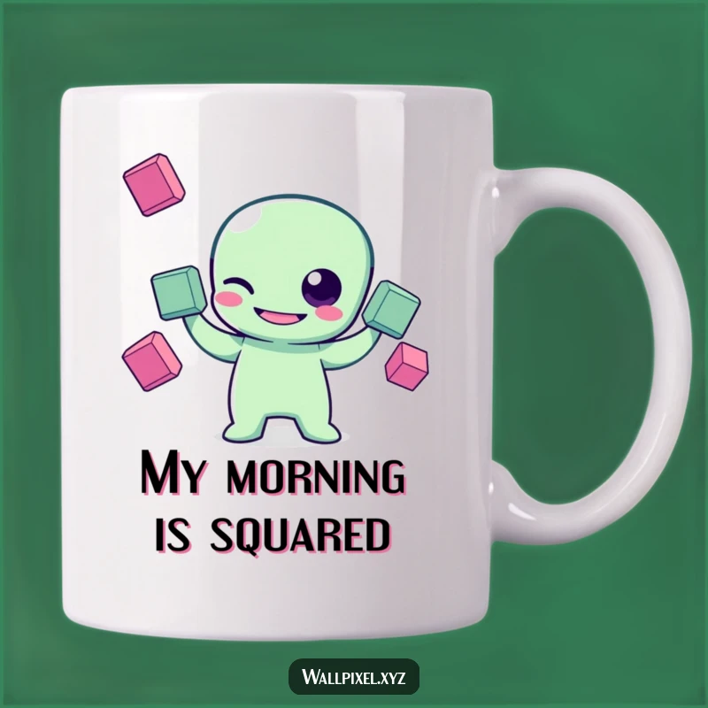 Funny Pixel Alien Mug: Grinning Juggler Character Winking with Squares