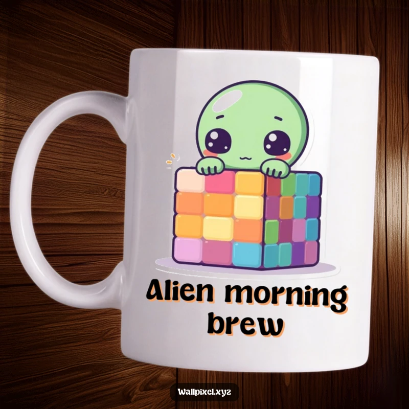 Funny Pixelated Alien Mug showing a cute alien peeking from behind a colorful pixelated cube in retro style.