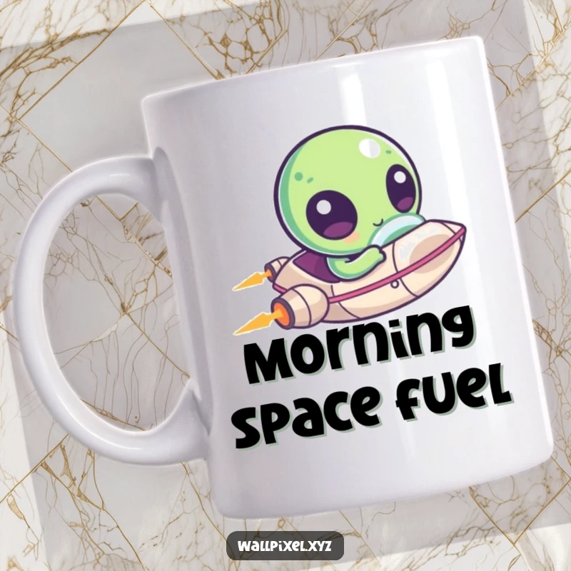 Funny mug showcasing a cute, kawaii pixelated alien with huge eyes, excitedly zipping around in a small, retro spaceship.
