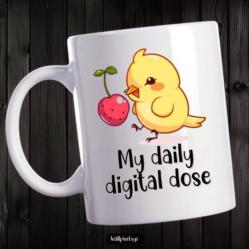 Funny pixel art mug showing a small, angular bird character playfully pecking at a floating, pixelated berry, a delightful digital snack.