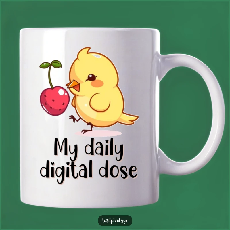 Funny Pixel Bird Mug: Cute Angular Bird Enjoying Digital Berry Treat, Perfect Gamer Gift