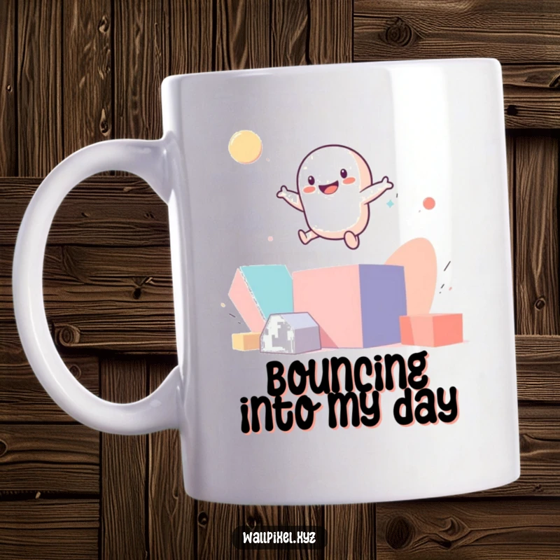 Funny smiling pixel figure joyfully bouncing on colorful abstract geometric shapes on a mug.