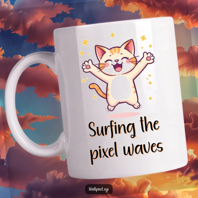 Funny pixel cat mug, a retro-style cat character joyfully leaping with arms outstretched amongst stars, evoking gamer nostalgia.