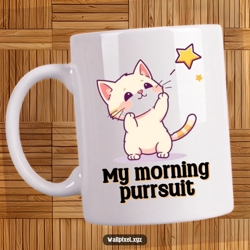 Funny mug depicting a cute pixel cat energetically batting at a glowing pixel star, a perfect gift for retro gamers.