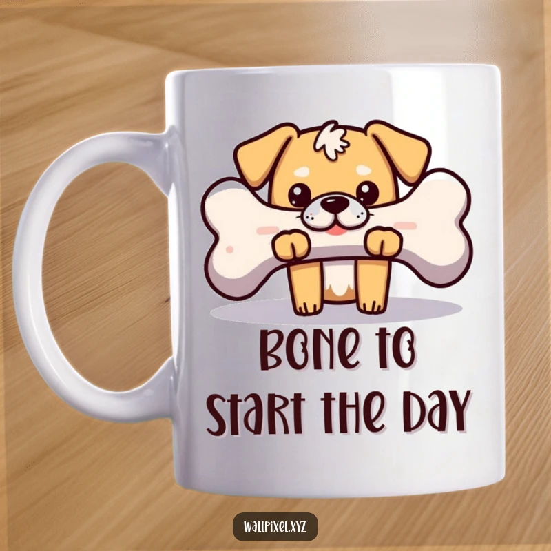 Funny mug featuring a blocky, pixelated dog peeking with curiosity from behind a large pixelated bone, embodying retro gaming and canine charm.