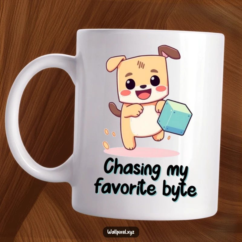 Funny pixel dog mug, a blocky dog with a happy grin excitedly chasing a bouncing pixel cube, embodying playful energy.
