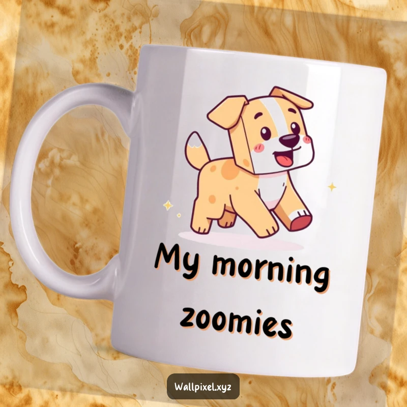 Funny Pixel Dog Tail Chase Mug: A blocky dog playfully chases its own tail, leaving a trail of sparkling pixels.