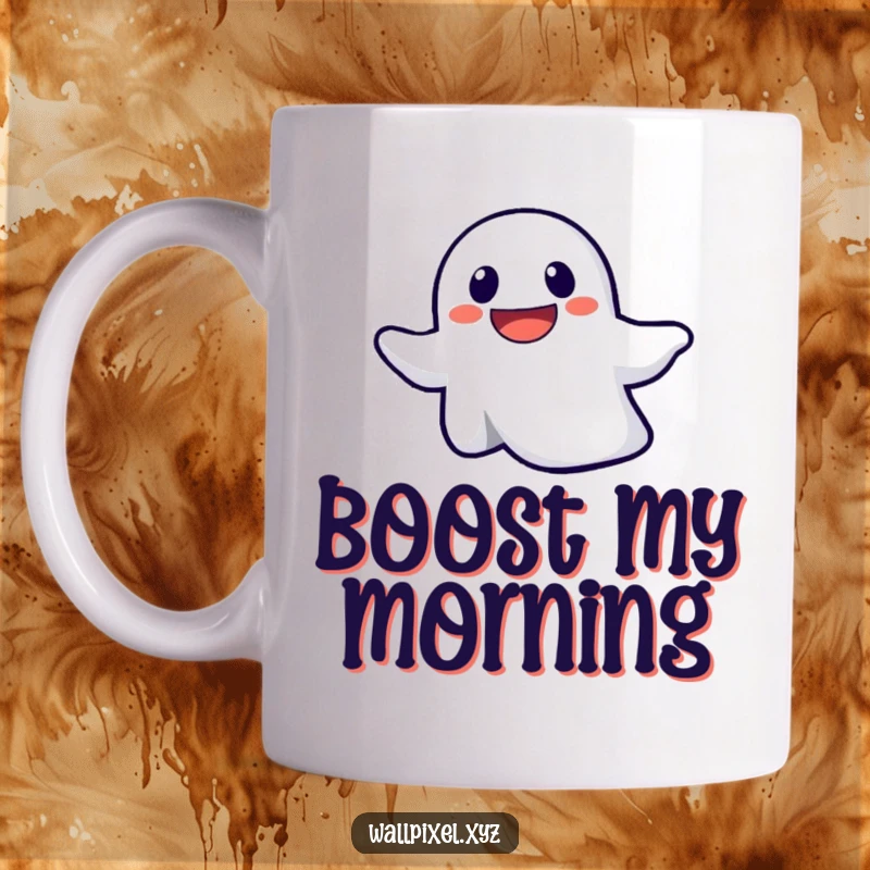 Funny mug showcasing a smiley pixelated ghost with a determined expression, floating joyfully upwards towards the sky.