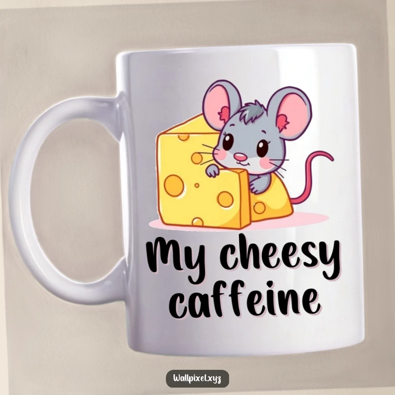 Funny pixelated mouse character peeking curiously from behind a huge digital cheese block on a mug.