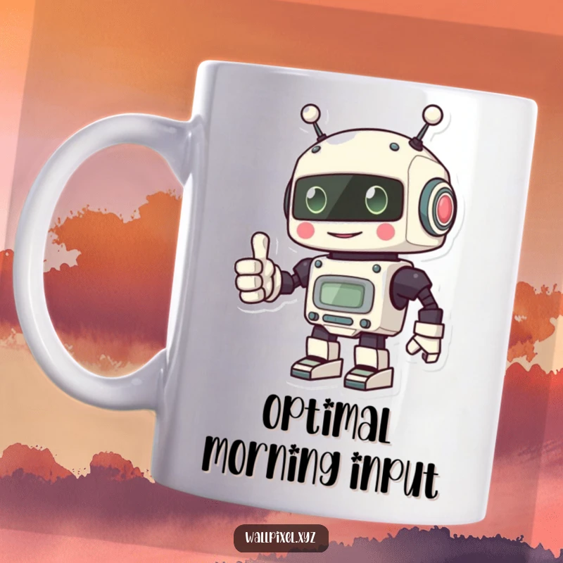 Funny mug featuring a cheerful pixel robot giving a big thumbs up with its blocky hand, symbolizing positivity.