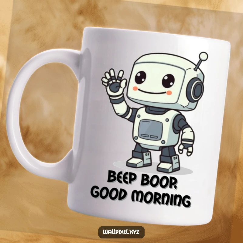 Funny mug showing a smiling, blocky pixelated robot waving enthusiastically with one digital arm, embodying retro sci-fi charm and friendliness.