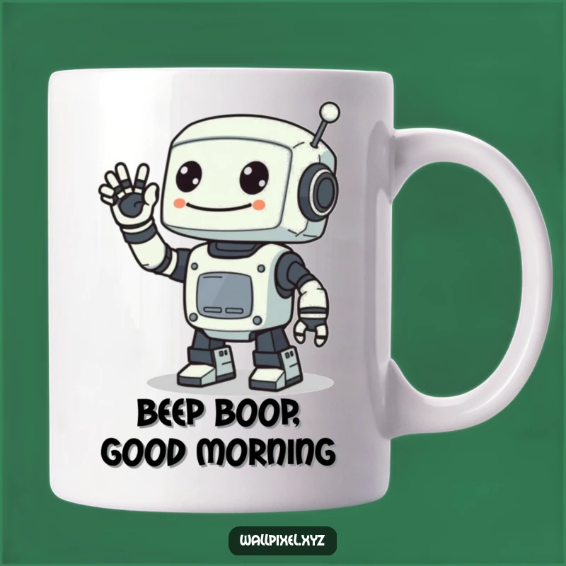Funny Pixel Robot Wave Mug: Retro Sci-Fi Humor Gift for Tech Fans