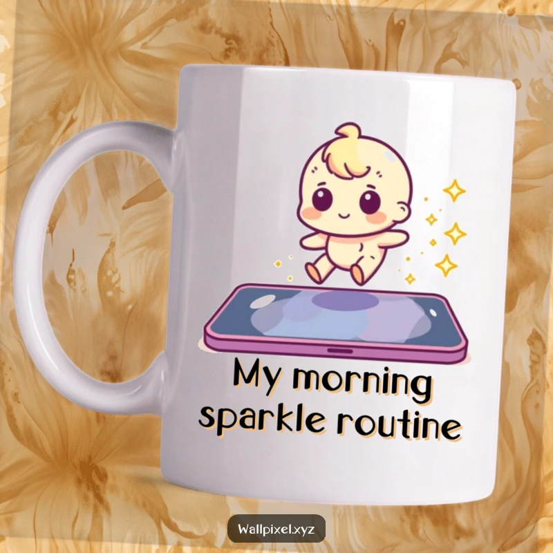 Funny pixel character sliding with a sparkly trail on a white mug, perfect for retro gaming enthusiasts.