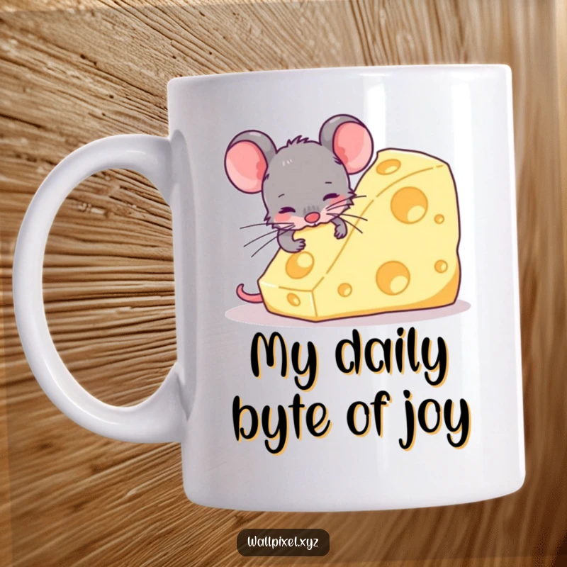 Funny pixel art mug showing a blocky retro mouse enthusiastically nibbling a giant, pixelated wedge of cheese, capturing a classic gaming vibe.