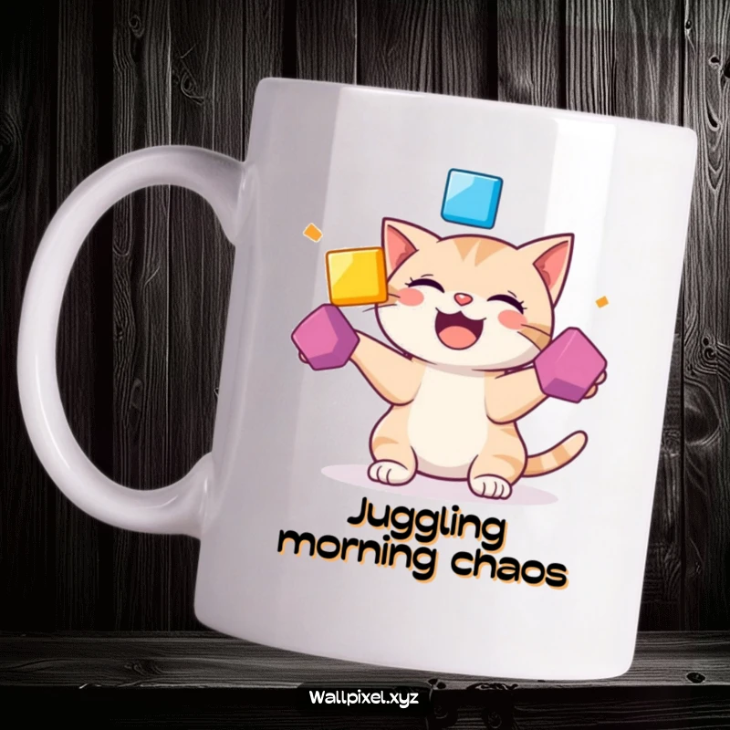 Funny mug with a pixelated cat laughing heartily while skillfully juggling three bright, bouncing squares.