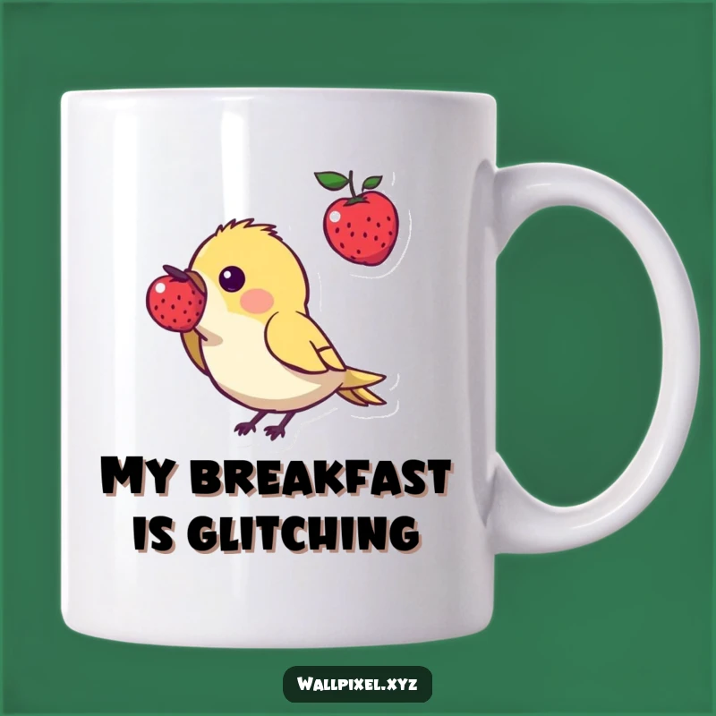Funny Pixel Bird Mug: Adorable Angular Character Enjoying a Pixelated Berry Treat