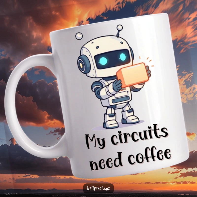 Funny mug showcasing a smiling, pixelated robot excitedly offering a bright, glowing cube, a symbol of futuristic delight.