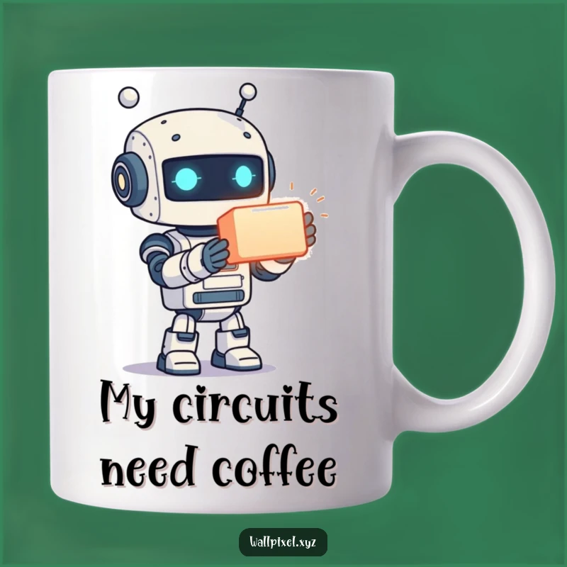 Funny Robot Mug: Pixelated Joy, Glowing Cube Offering, Perfect Sci-Fi Funny Gift