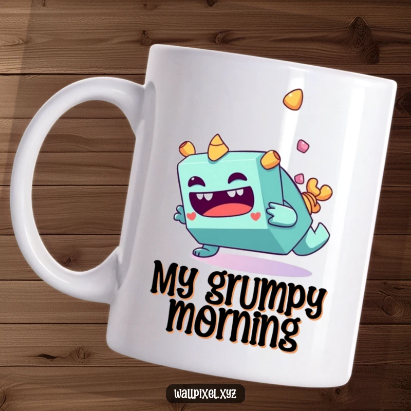 Funny blocky monster character making a silly face while tumbling end over end on a mug.