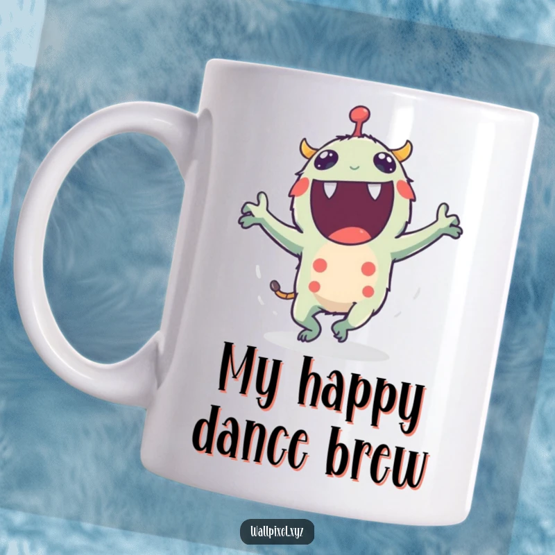 Funny mug showcasing an excited pixel monster dancing wildly with tiny flailing blocky arms, a fun gift for all.
