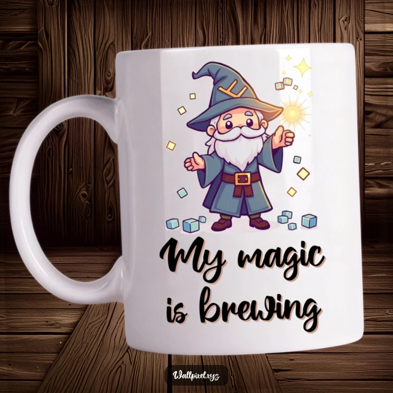 Funny pixelated wizard mug casting a spell that showers sparkling cubes, retro gaming humor, perfect gift.