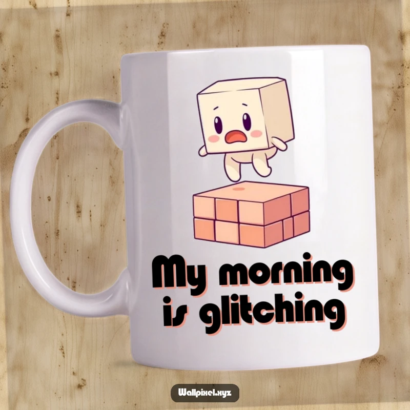 Funny mug showcasing a surprised, blocky character in mid-fall, tripping over a single floating pixel, conveying digital clumsiness.