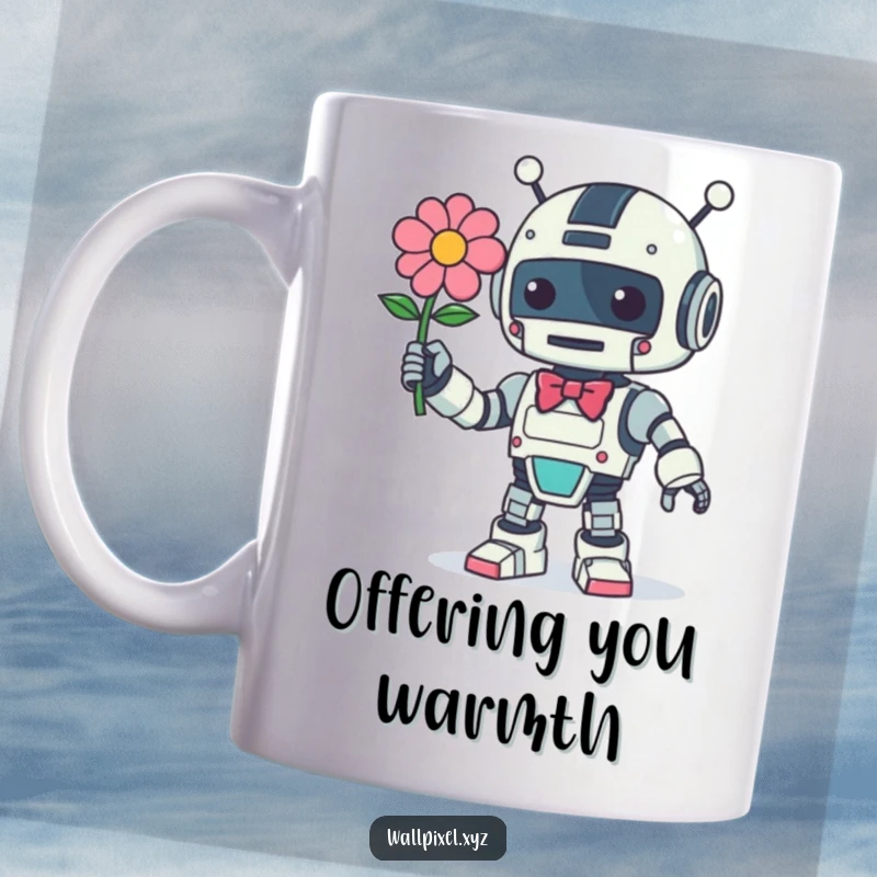 Funny Retro Robot Mug: A vintage-style robot character with a bow offers a glowing pixelated flower, symbolizing sweet robotic affection.