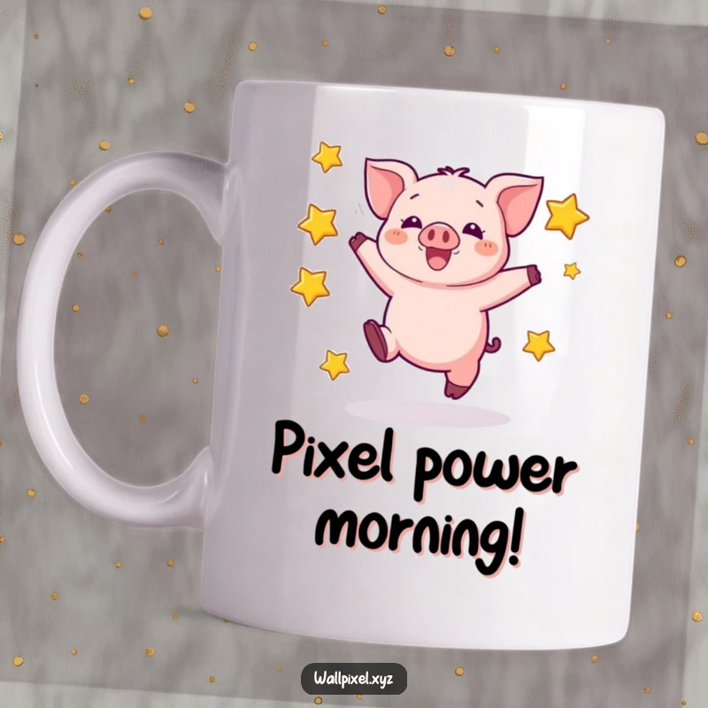 Funny pixel art mug featuring an excited, blocky piglet jumping joyfully amidst pixelated stars, radiating pure happiness.