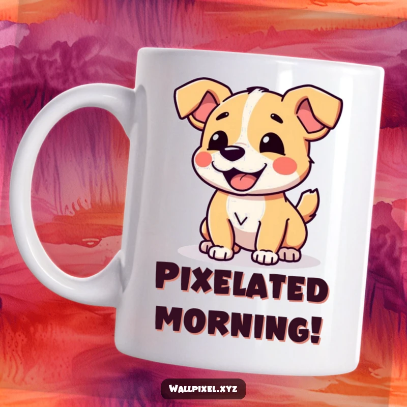 Funny Pixelated Dog Mug showing a charming digital dog joyfully wagging its blocky, pixelated tail.