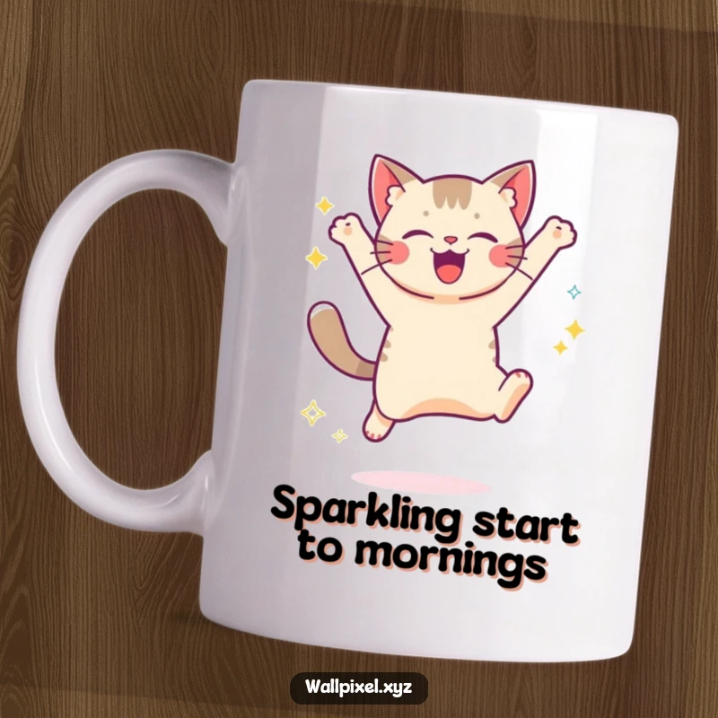 Funny mug featuring a retro pixelated cat leaping joyfully, surrounded by digital sparkles, celebrating gaming nostalgia and feline fun.