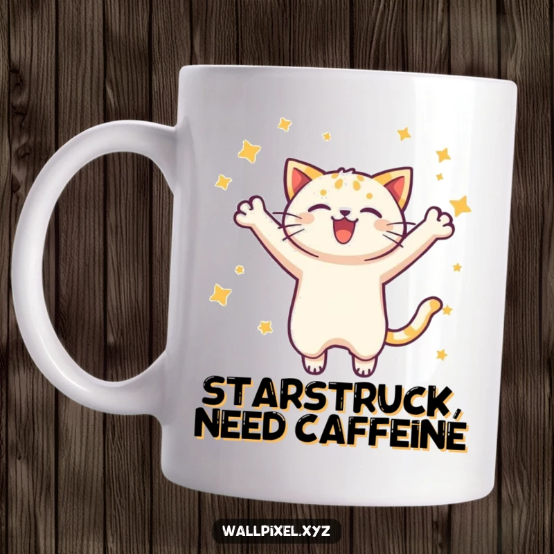 Funny pixel cat mug showing a retro-style cat joyfully leaping among stars, embodying playful energy and gaming nostalgia.