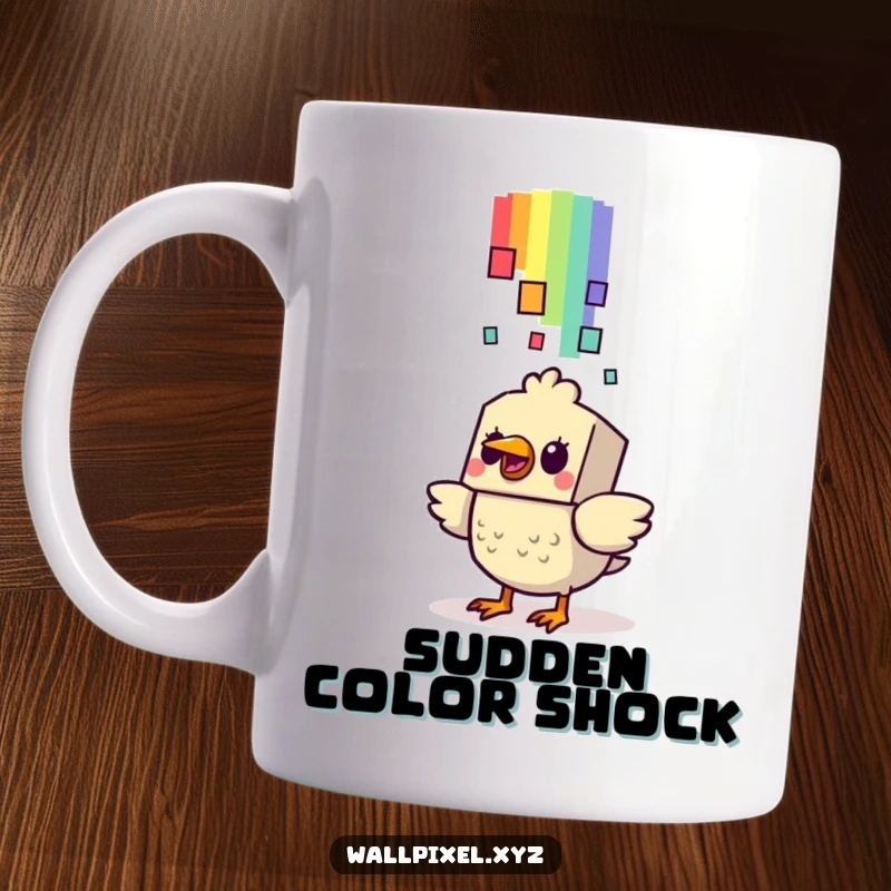 Funny Bird Mug: A blocky bird looks startled as a pixelated rainbow falls towards it, capturing a moment of retro gaming surprise.