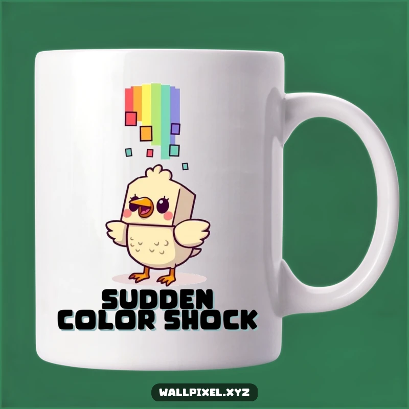Funny Startled Bird Pixel Rainbow Mug: Hilarious Retro Gift