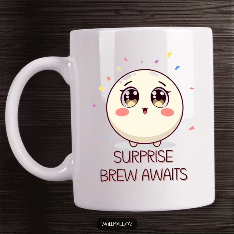 Funny round pixel character with wide surprised eyes reacting to falling colorful confetti on a mug.