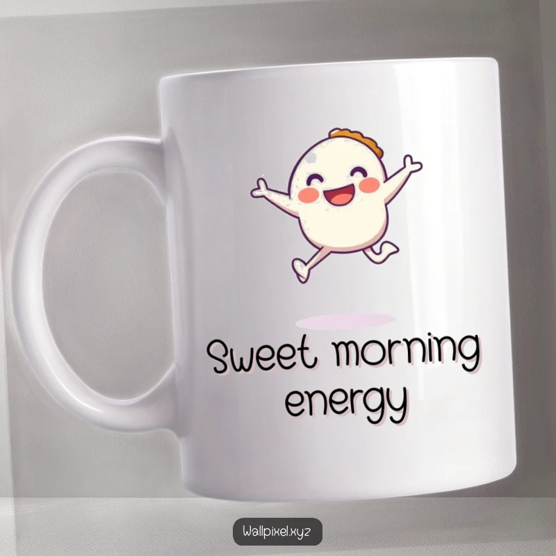 Funny mug of a smiling pixel character jumping with a pixelated pie, celebrating retro gaming and sweet rewards.