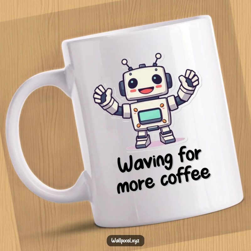 Funny pixel robot mug showing a cheerful blocky robot energetically waving its arms, embodying retro tech and friendly greetings.
