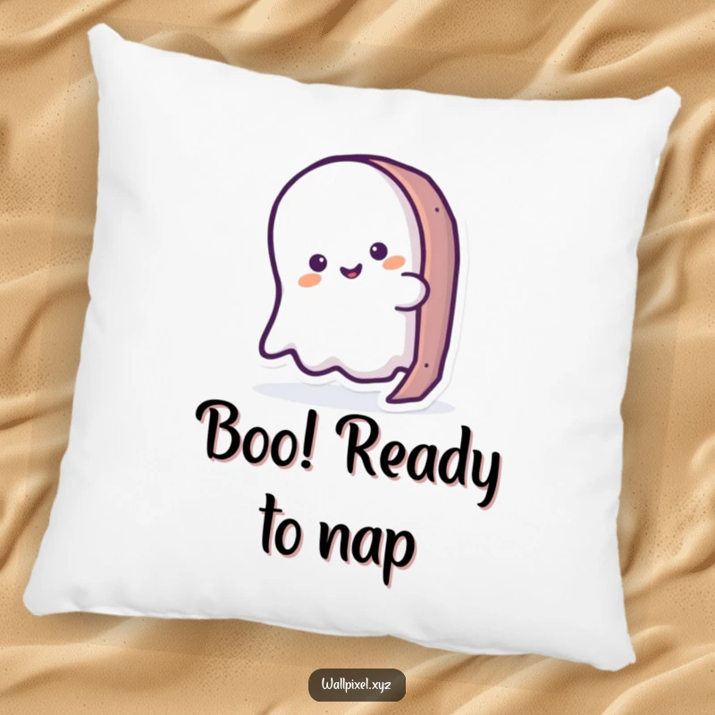 Funny ghost pillow with a playful ghost peeking out from a pixelated design, offering comfort and retro vibes.