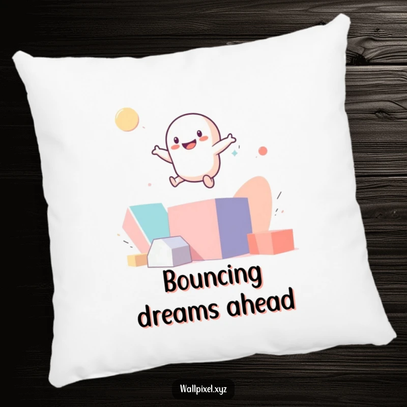 Funny smiling pixel figure bouncing on abstract geometric shapes on a soft pillow.