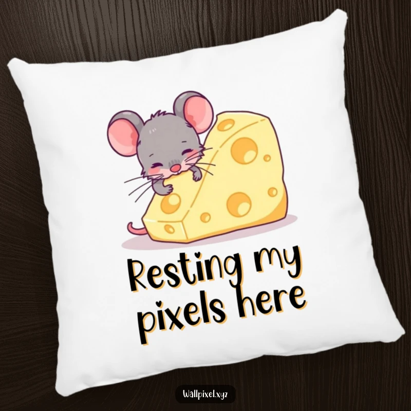 Funny pillow with a pixelated retro mouse character biting into a huge, geometric block of cheese, offering comfort and a humorous gaming vibe.