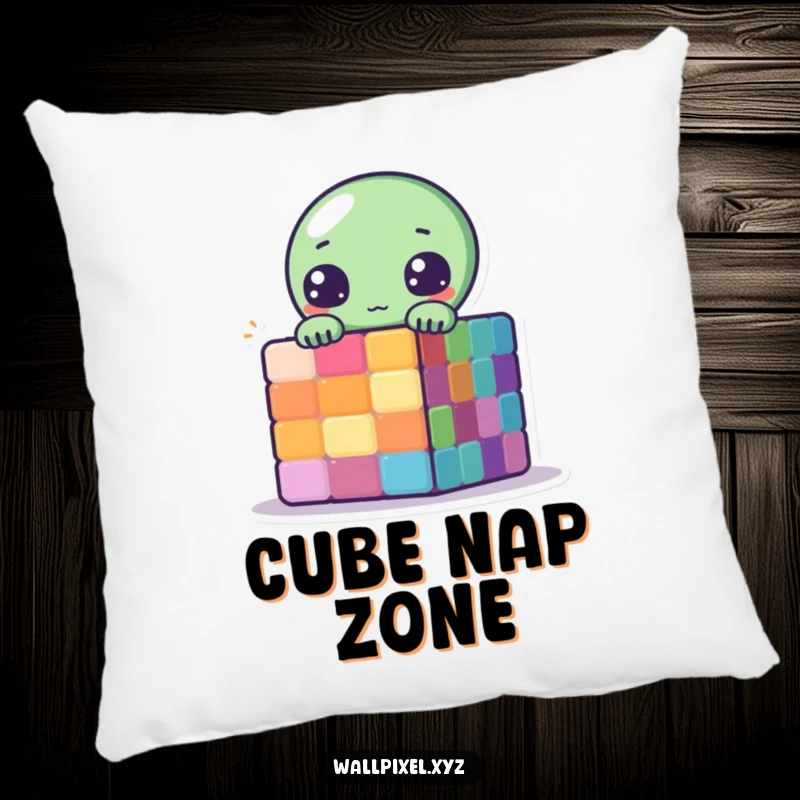 Funny Pixelated Alien Pillow with a cute alien peeking behind a colorful pixelated cube, bringing retro humor.