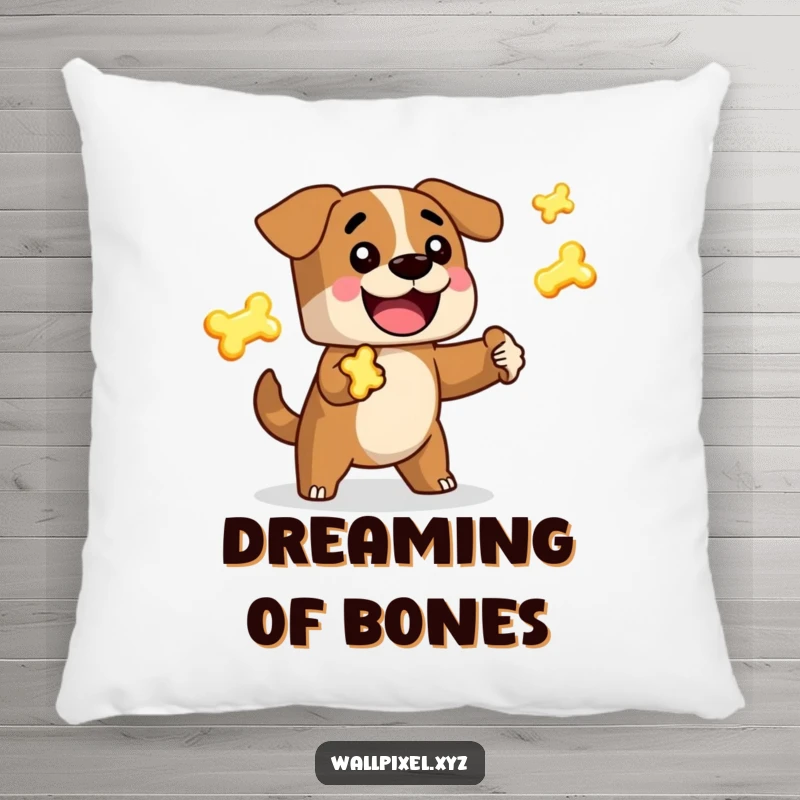 Funny Pixel Dog Pillow: A blocky, retro dog character joyfully juggles glowing pixelated bones, bringing gamer joy to your space.