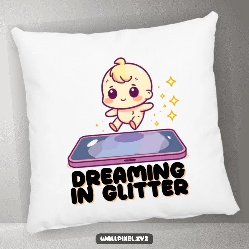 Funny pixel character sliding with a sparkly trail on a soft pillow.