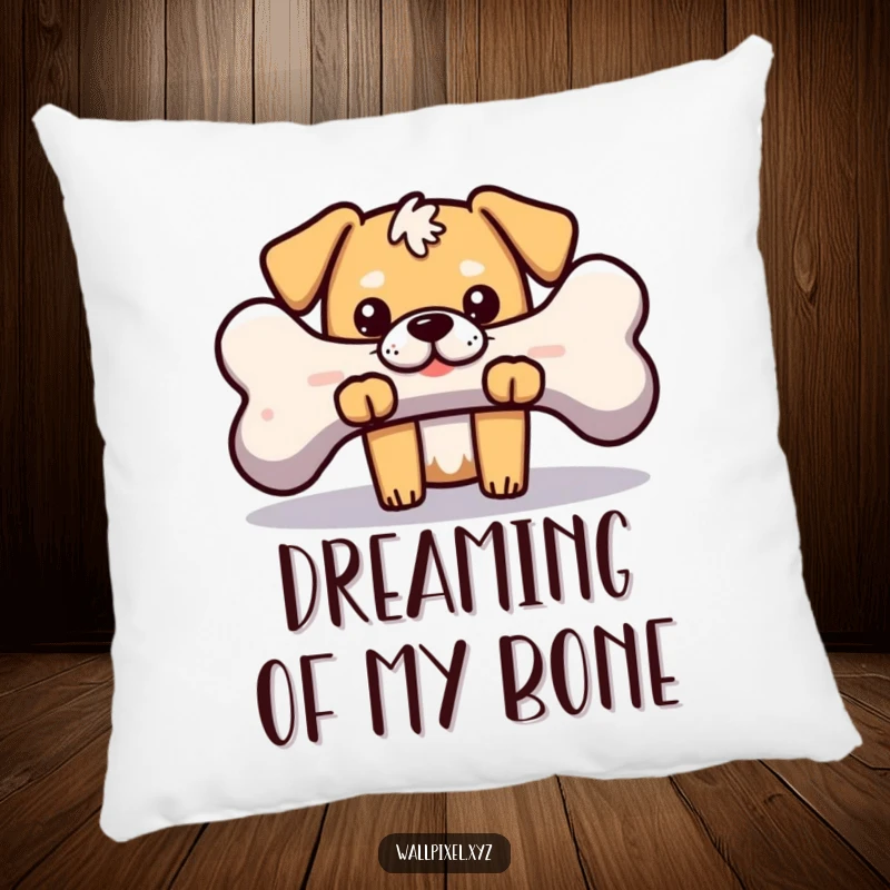 Funny pillow featuring a blocky pixelated dog peeking from behind a pixelated bone, ideal for adding retro gaming flair and comfort.