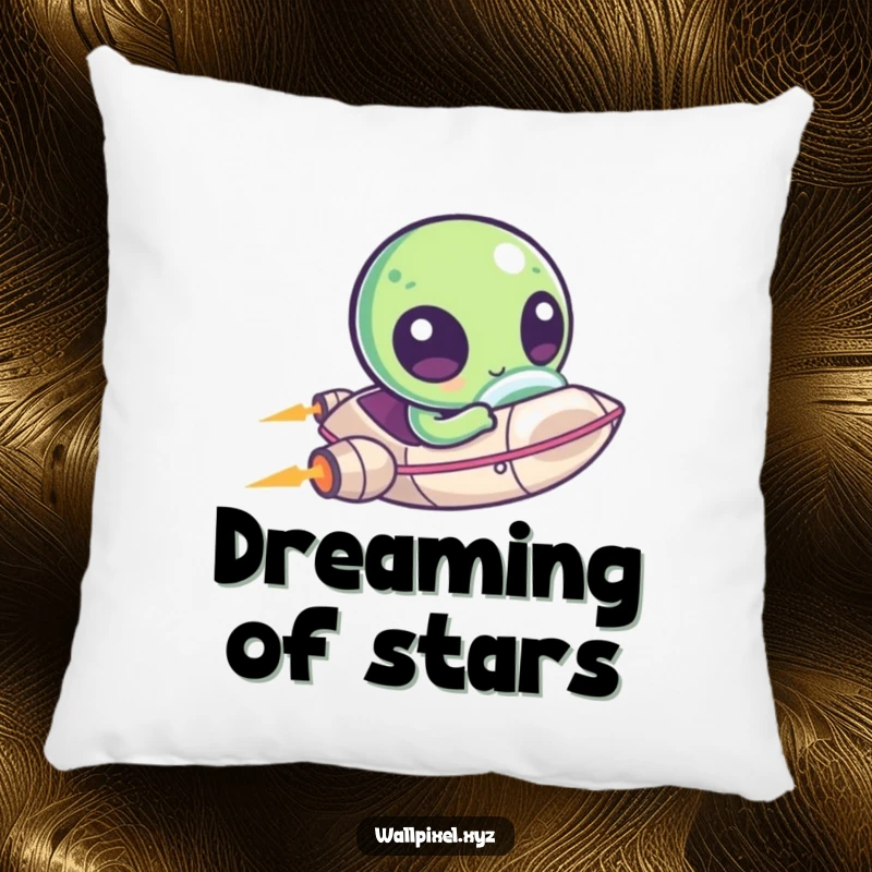 Funny pillow with a kawaii pixelated alien and its tiny spaceship, offering cosmic comfort and a touch of playful charm.