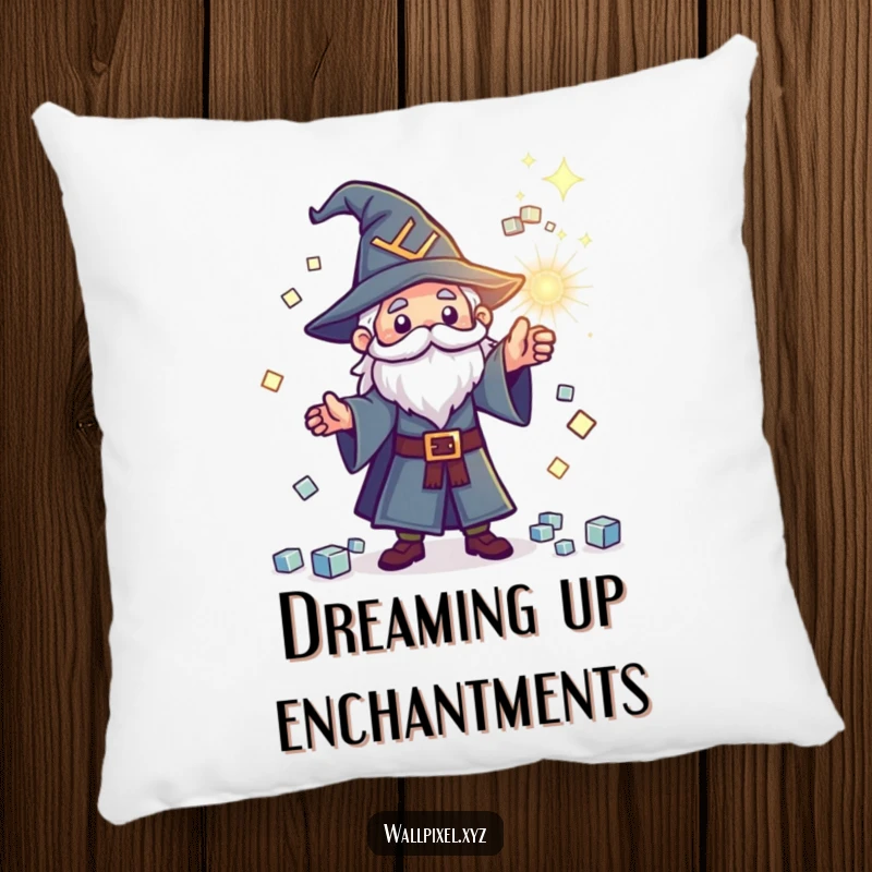 Funny pixel wizard pillow with a tiny wizard casting a spell, showering sparkling cubes, cozy retro decor.