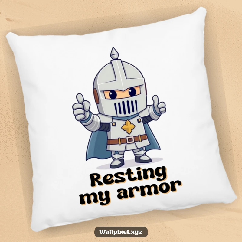 Funny pillow featuring a cheerful knight made of blocks giving a thumbs up, radiating positive, heroic energy.