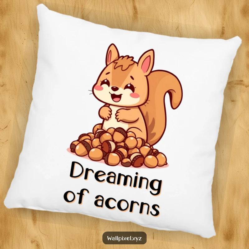 Funny blocky squirrel pillow, character hoarding pixelated acorns, cozy retro accent.