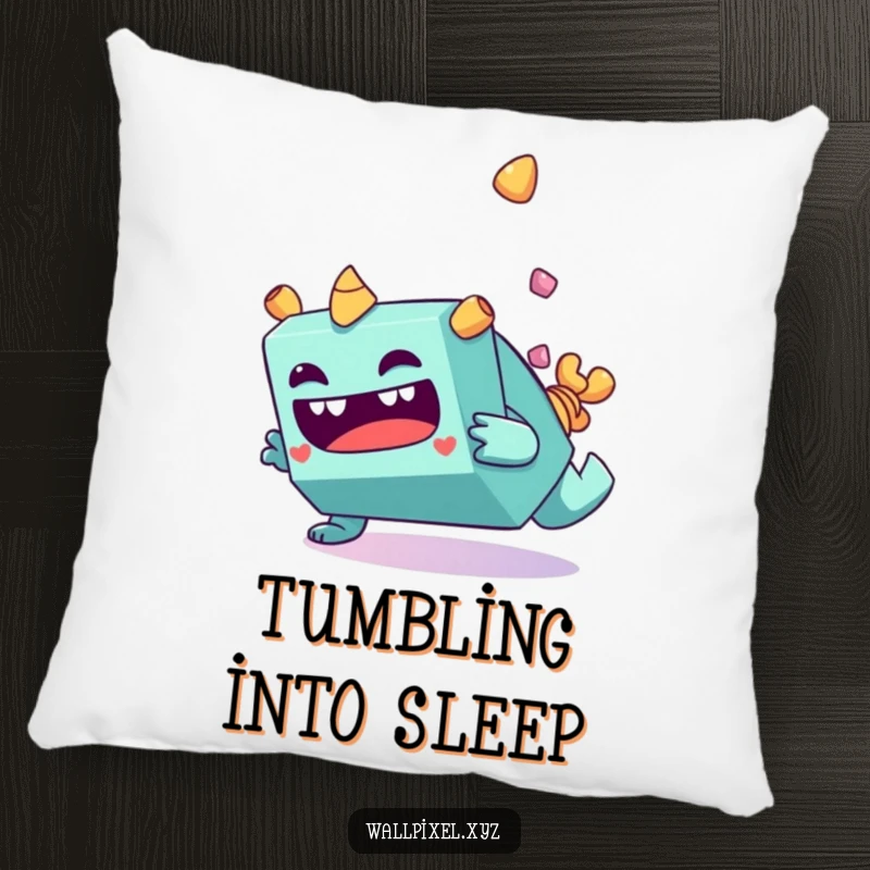Funny blocky monster character making a funny face while tumbling end over end on a soft pillow.
